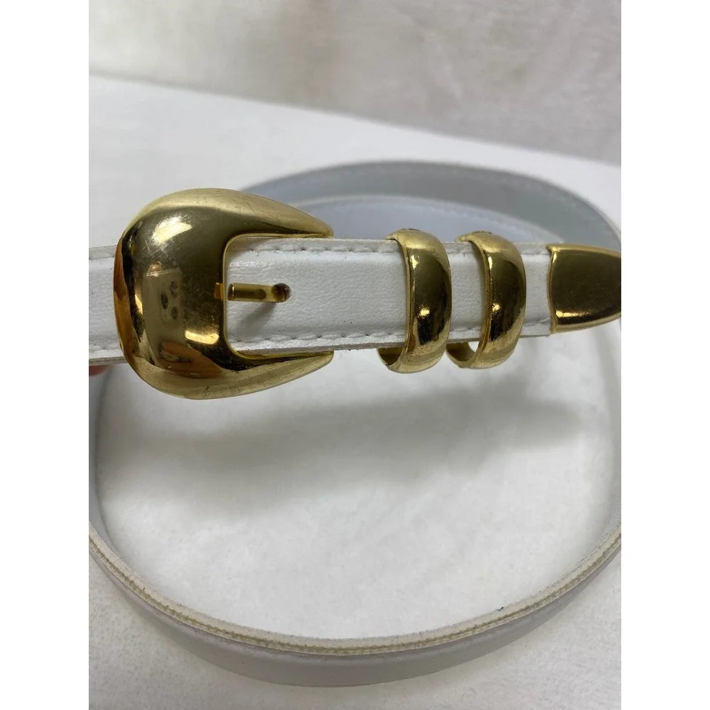 VTG Womens White Leather Skinny Dressy Belt Gold Tone‎ Buckle Metal Tip 37 Inch